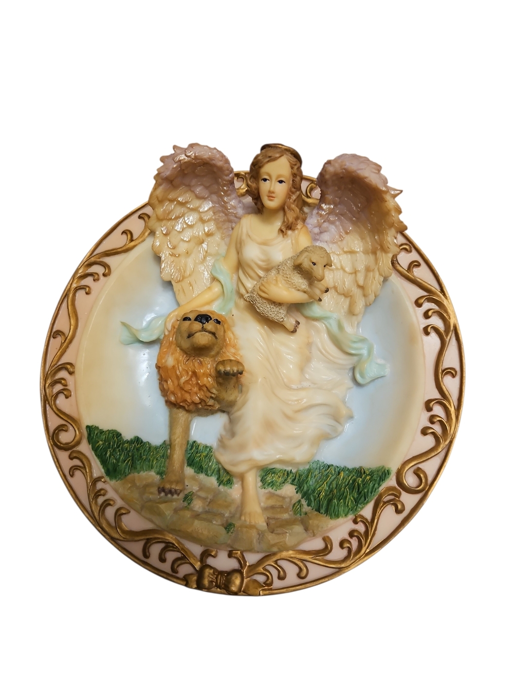 Vintage Guardian Angel Lion Lamb Wall Plaque Religious Cottage Decor Sansco 1996